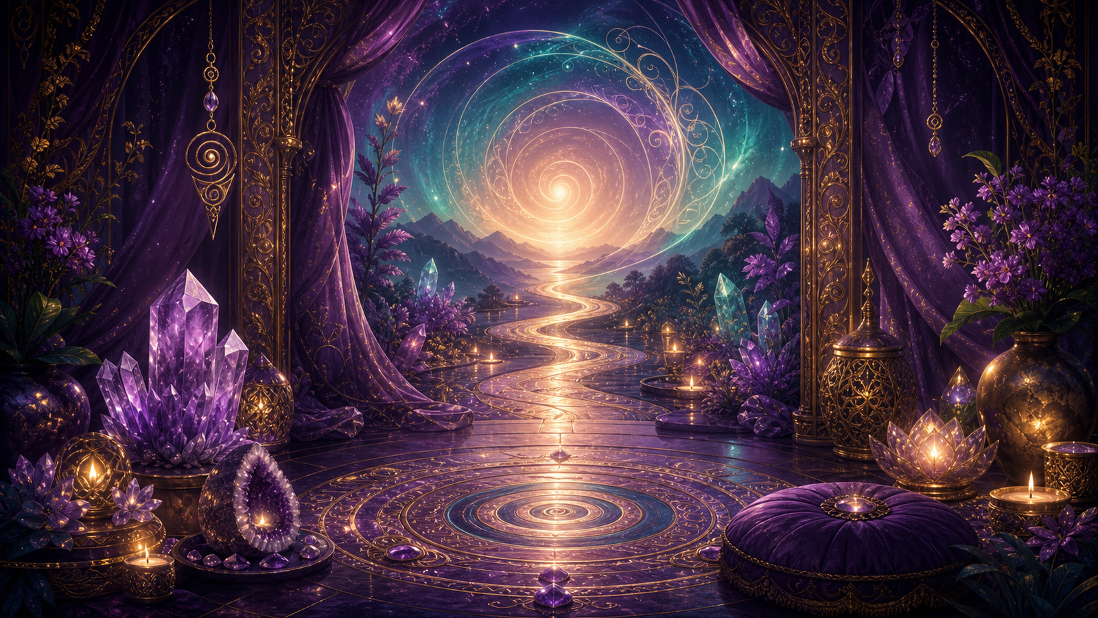 Hypnosis services banner with violet teal and gold transformation pathway