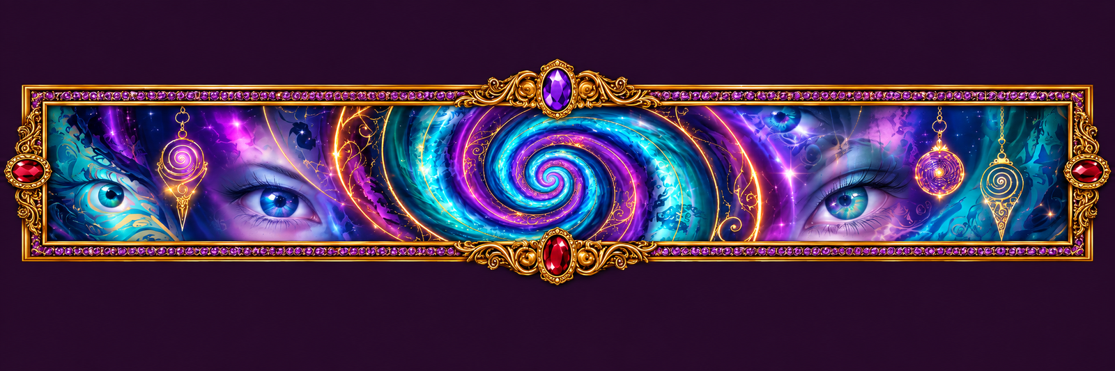 Mystical purple and blue galaxy spiral with eyes in a jeweled gold frame